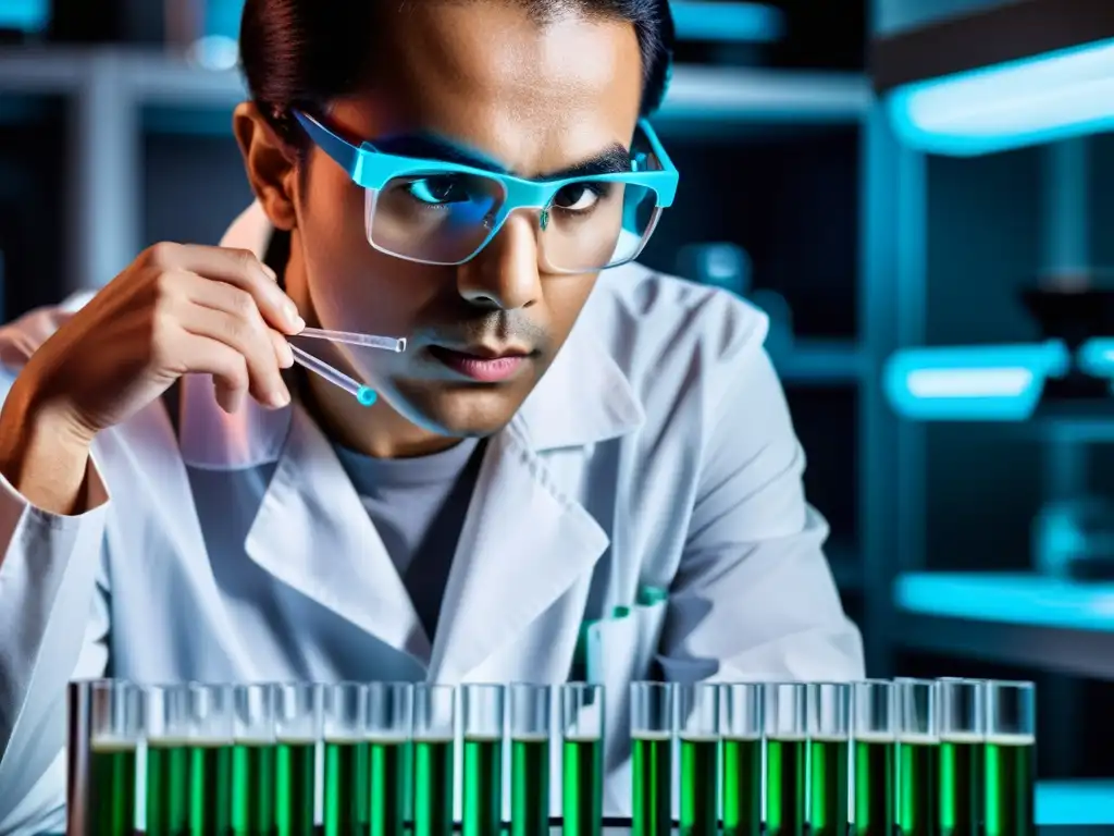 Un técnico de laboratorio manipula con cuidado un tubo de ensayo con material genético, rodeado de equipamiento científico avanzado