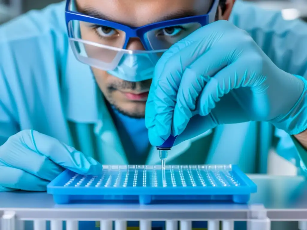 Un técnico de laboratorio llena meticulosamente una microplaca con líquido azul, resaltando la precisión y el análisis detallado en la investigación inmunológica