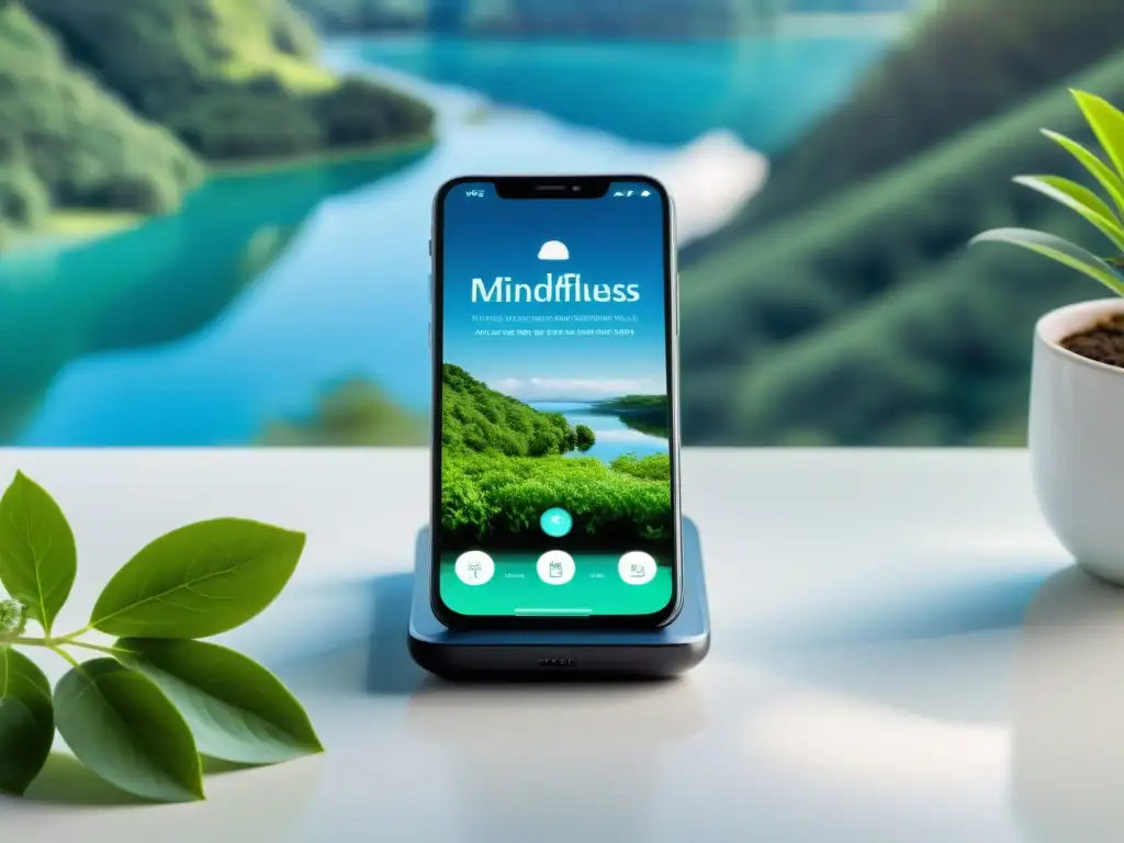 Teléfono muestra app de mindfulness en entorno sereno con taza de té y planta