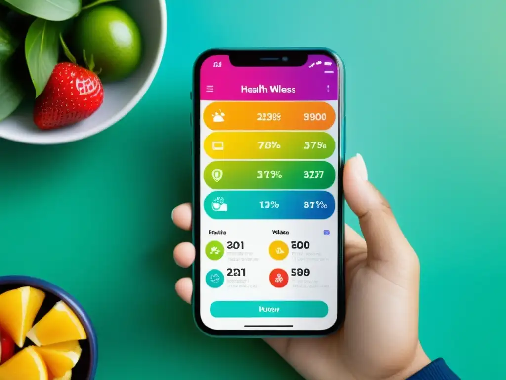 Un teléfono inteligente muestra una app de salud con gráficos coloridos y motivadoras citas, ideal para fortalecer el sistema inmunológico