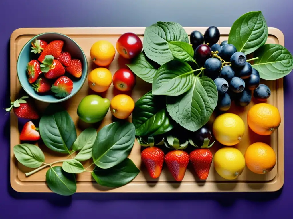 Una tentadora exhibición de frutas y verduras frescas en una tabla de cortar de madera, ideal para menús semanales para fortalecer inmunidad