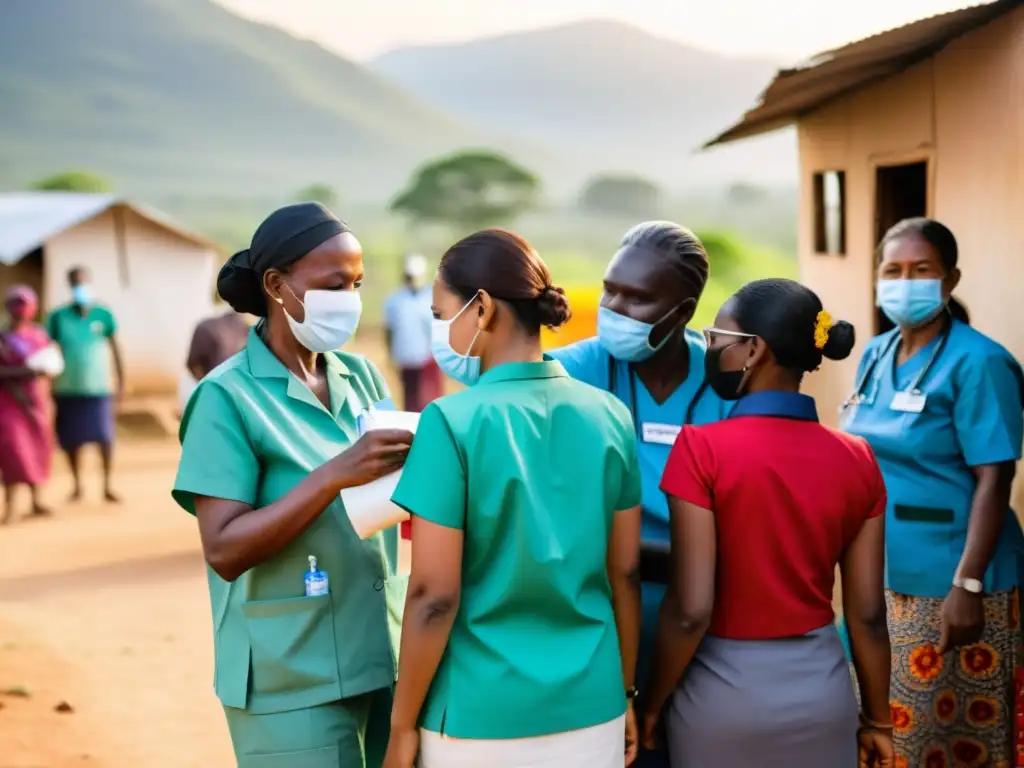 Trabajadores de la salud vacunan a comunidad diversa en clínica móvil al atardecer, transmitiendo esperanza y resiliencia