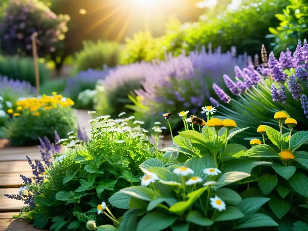 Un jardín tranquilo y exuberante con plantas medicinales para reducir estrés, bañado por la cálida luz del sol, con abejas y mariposas revoloteando