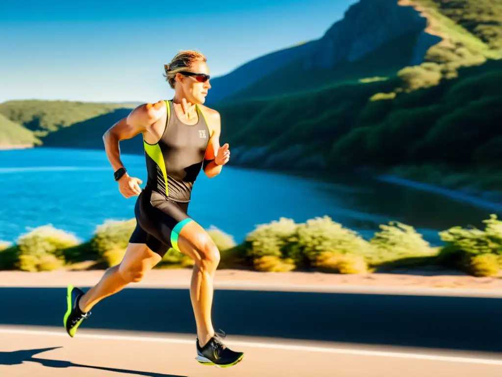 Un triatleta corriendo en una ruta costera al amanecer, transmitiendo fuerza y determinación