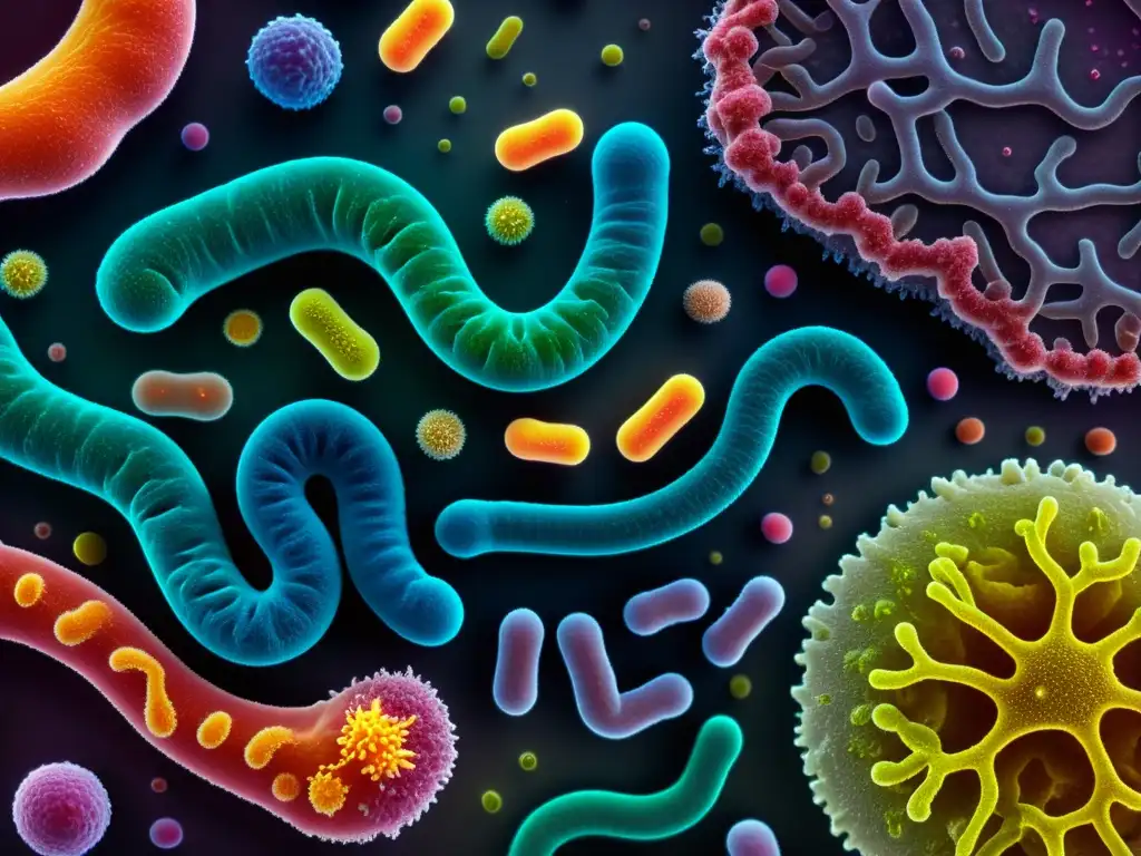 Un universo vibrante y diverso de bacterias del microbioma intestinal, mostrando su compleja interacción y colorida estructura