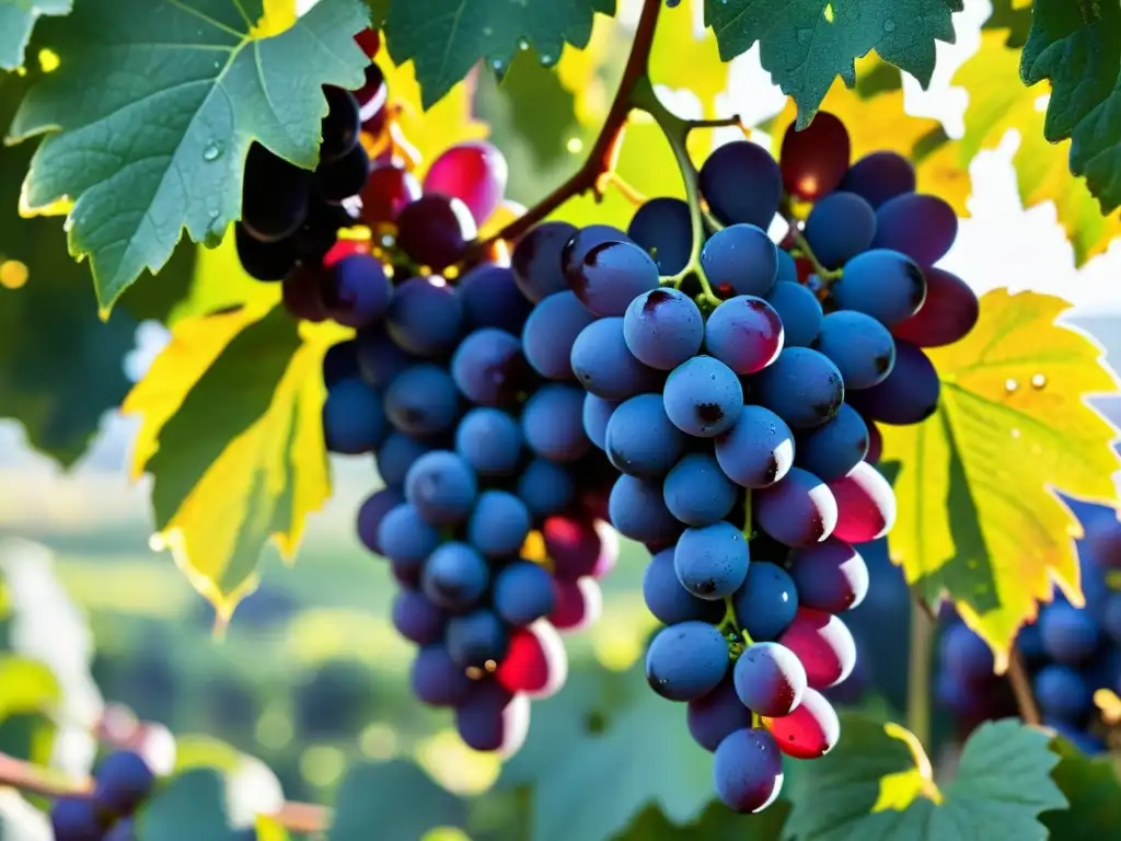 Uvas moradas brillantes con rocío, bañadas por luz dorada