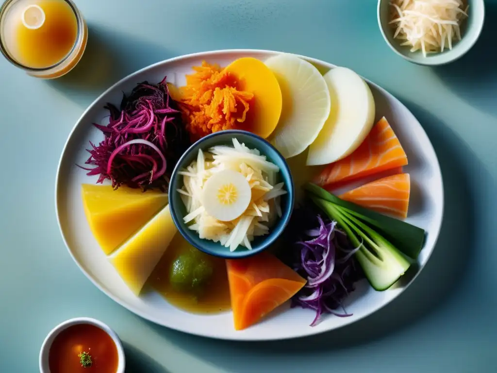 Una variedad de alimentos fermentados coloridos y vibrantes en un elegante plato