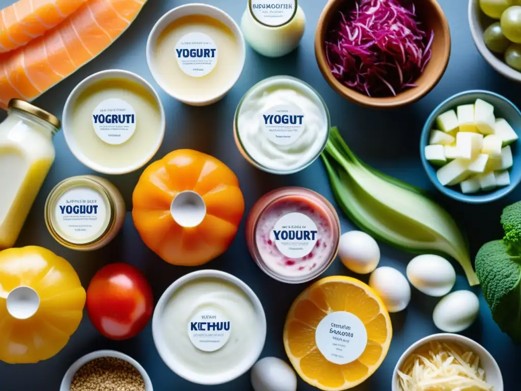 Variedad de alimentos probióticos coloridos como yogurt, kefir, sauerkraut, kimchi y kombucha, resaltando beneficios para el sistema inmunológico