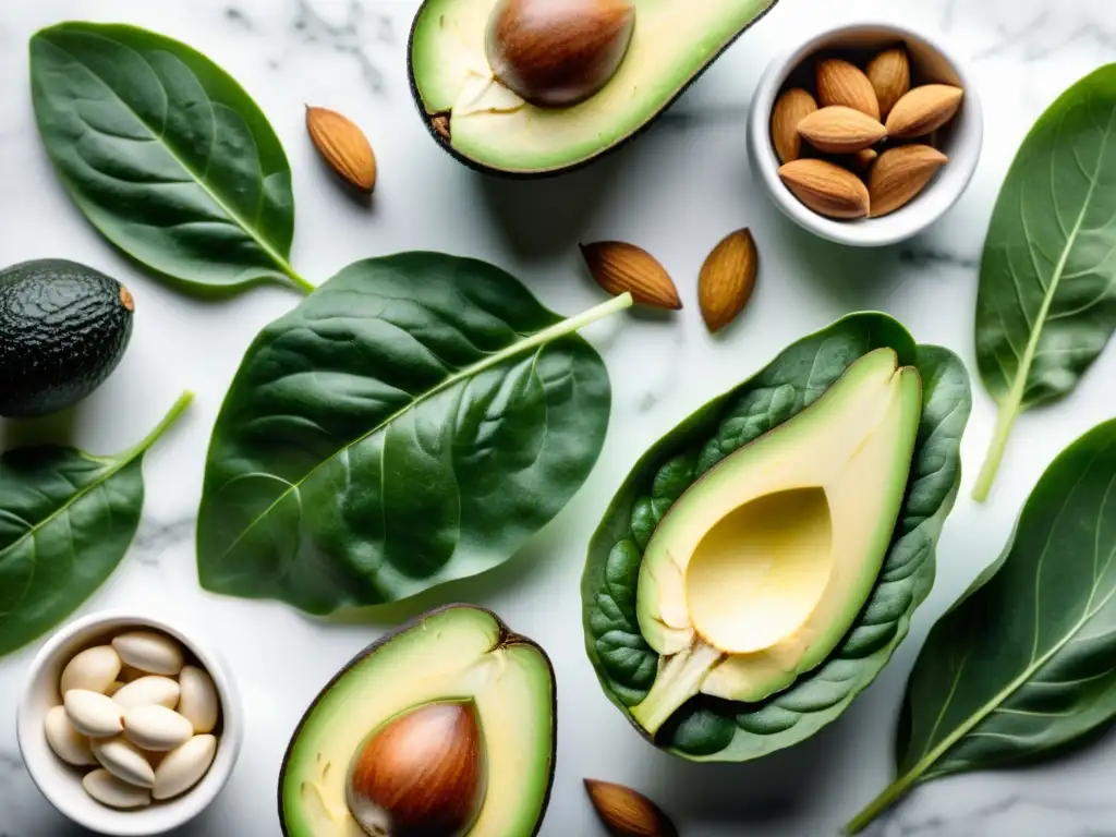 Una variedad de alimentos ricos en magnesio como espinacas, almendras, aguacate y frijoles en una tabla de cortar de mármol blanco