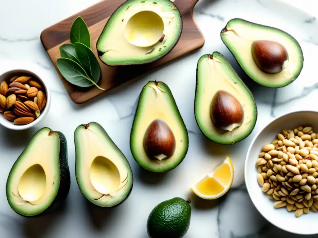 Una variedad de alimentos saludables ricos en grasas saludables para el sistema inmunológico, presentados en un elegante tablero de mármol blanco