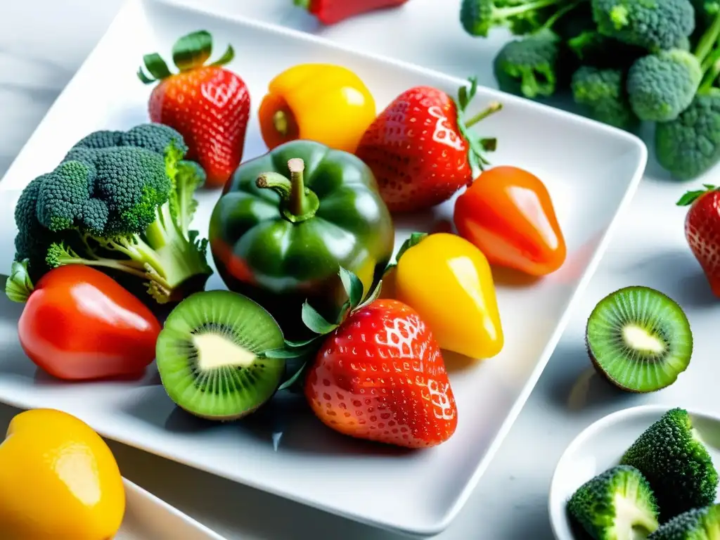 Variedad de alimentos para fortalecer el sistema inmunológico: frutas cítricas, fresas, kiwi, pimientos y brócoli en una elegante bandeja blanca