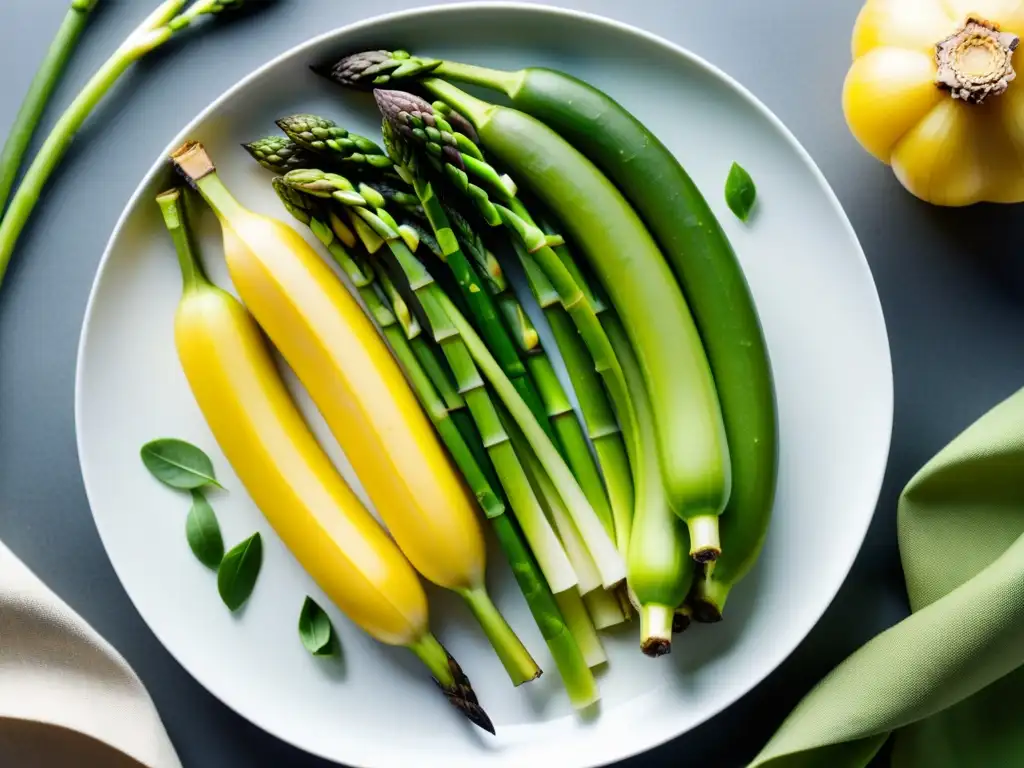 Una variedad colorida de alimentos ricos en prebióticos como plátanos, ajo, cebollas, puerros, espárragos y avena, resalta en un elegante plato blanco