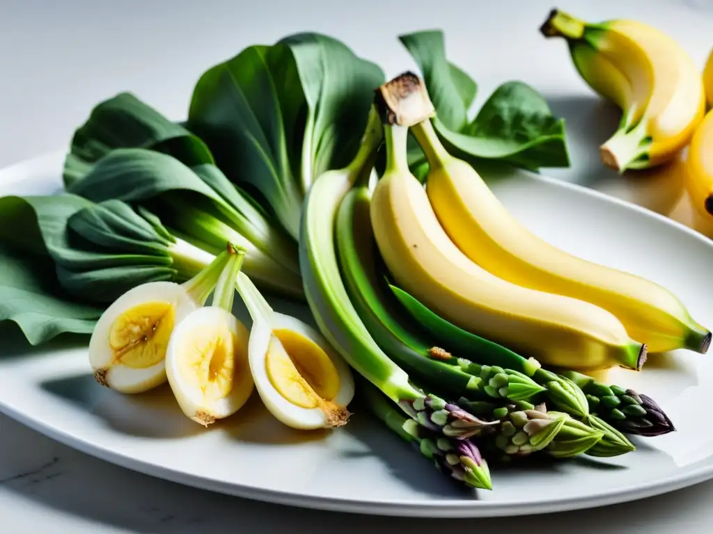 Una variedad colorida de alimentos ricos en prebióticos como plátanos, ajo, cebollas y espárragos en un elegante plato blanco