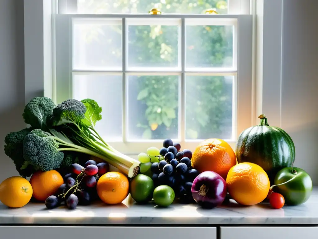 Una variedad colorida de frutas y verduras frescas, con colores vibrantes y una presentación artística en un elegante mostrador de mármol blanco