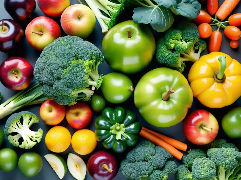 Una variedad colorida de frutas y verduras frescas en una presentación apetitosa