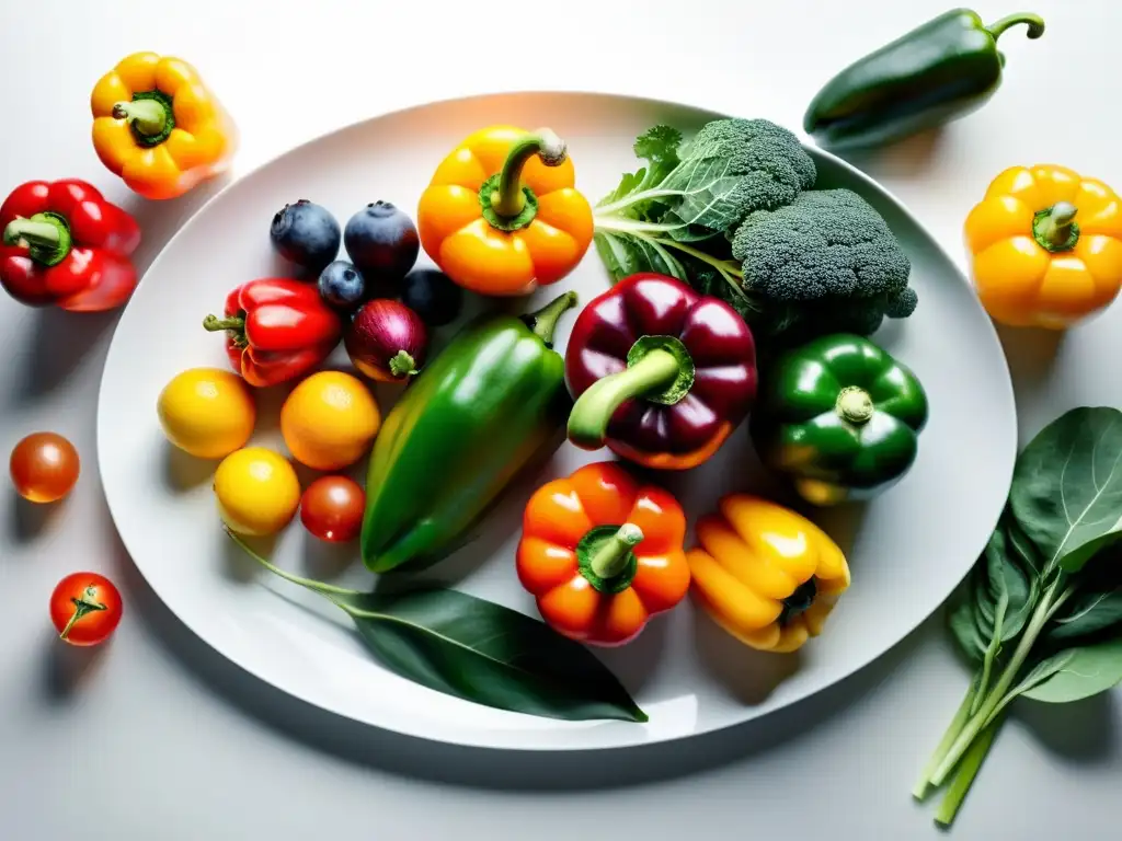 Una variedad colorida de frutas y verduras frescas dispuestas en un plato blanco