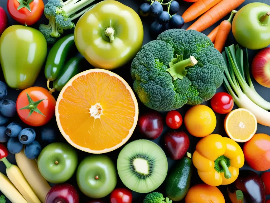 Una variedad colorida de frutas y verduras frescas, dispuestas en un patrón simétrico