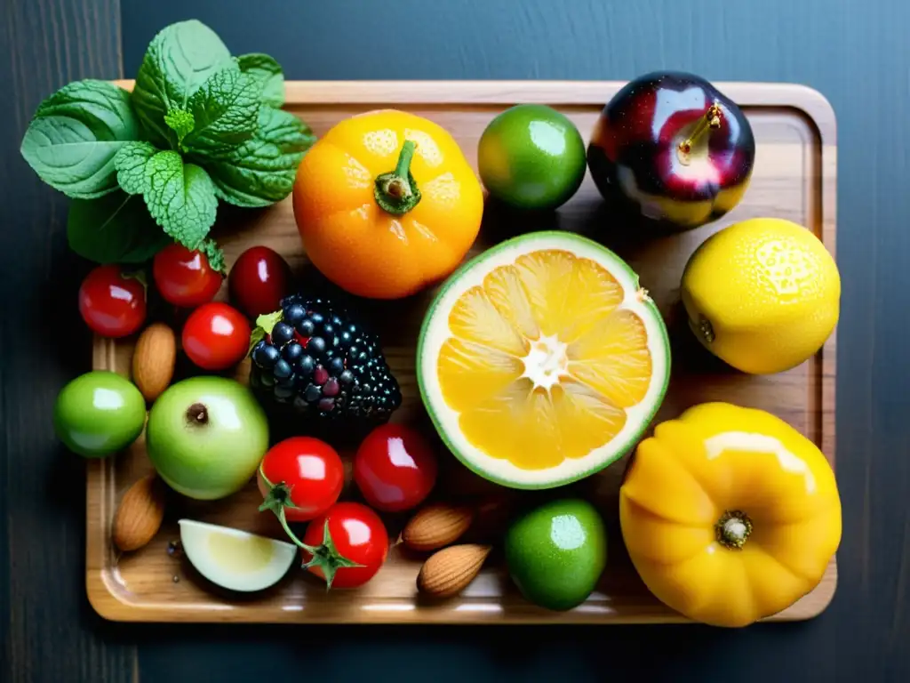 Una variedad colorida de frutas, verduras y frutos secos frescos sobre tabla de cortar