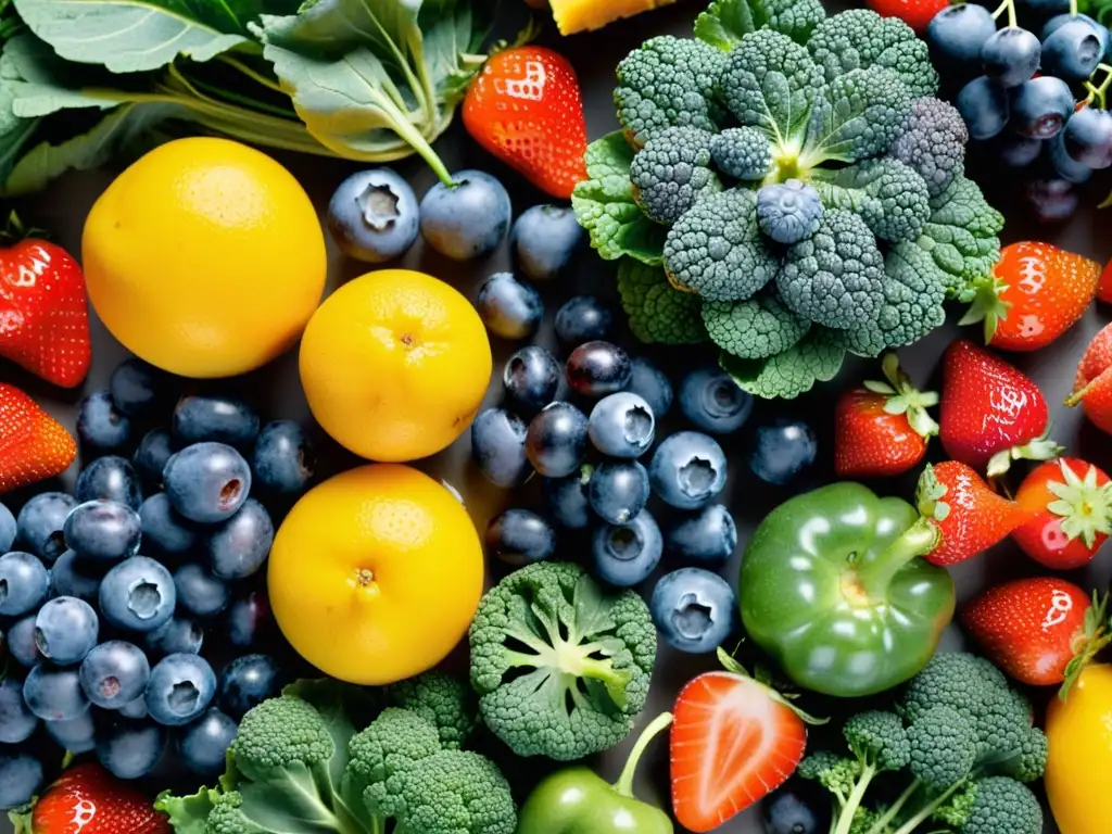 Una variedad colorida de frutas y verduras frescas, goteando agua, resalta la nutrición para fortalecer sistema inmunológico en adultos mayores