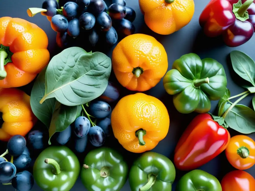 Una variedad colorida de frutas y verduras frescas que fortalecen el sistema inmune