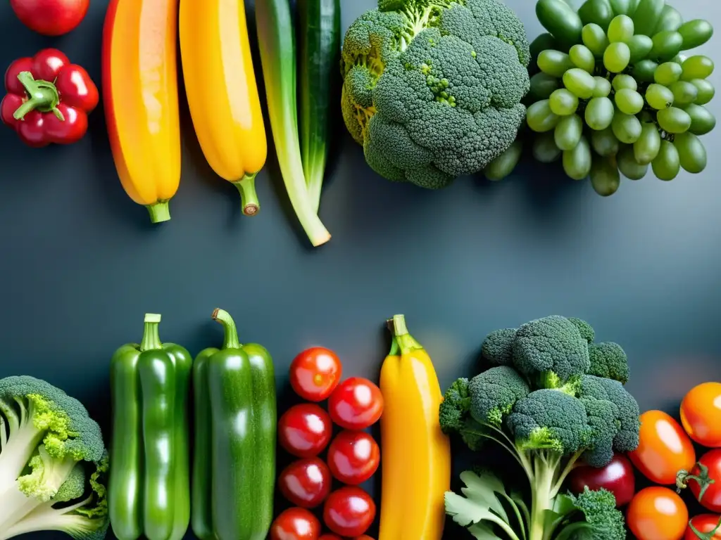 Una variedad colorida de frutas y verduras frescas, dispuestas en un patrón simétrico sobre una encimera de cocina moderna