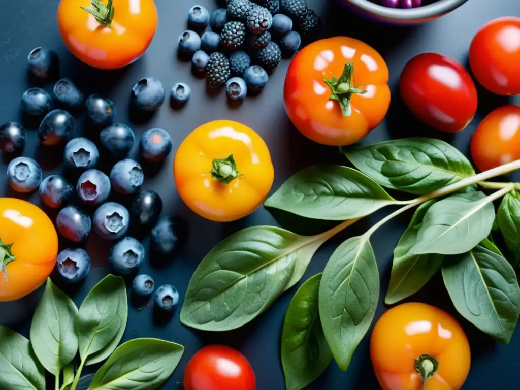 Una variedad de frutas y verduras coloridas en un mostrador de cocina moderno, goteando frescura