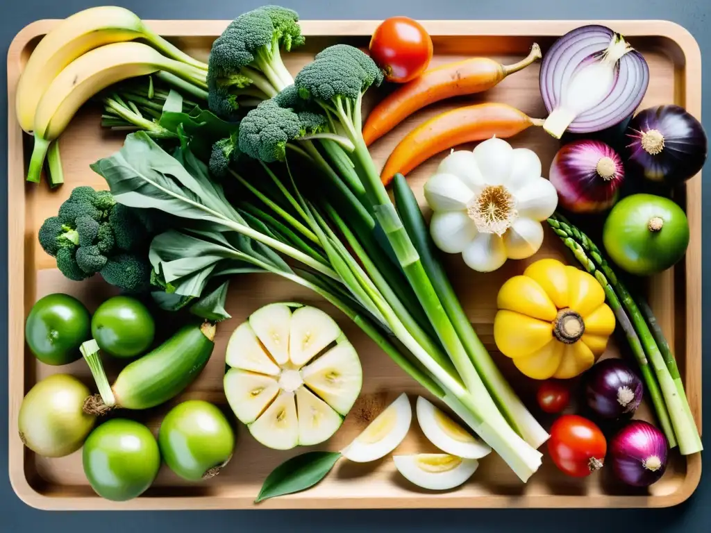 Una variedad de frutas y verduras coloridas en una tabla de cortar de madera, mostrando los beneficios de los prebióticos para el sistema inmunológico