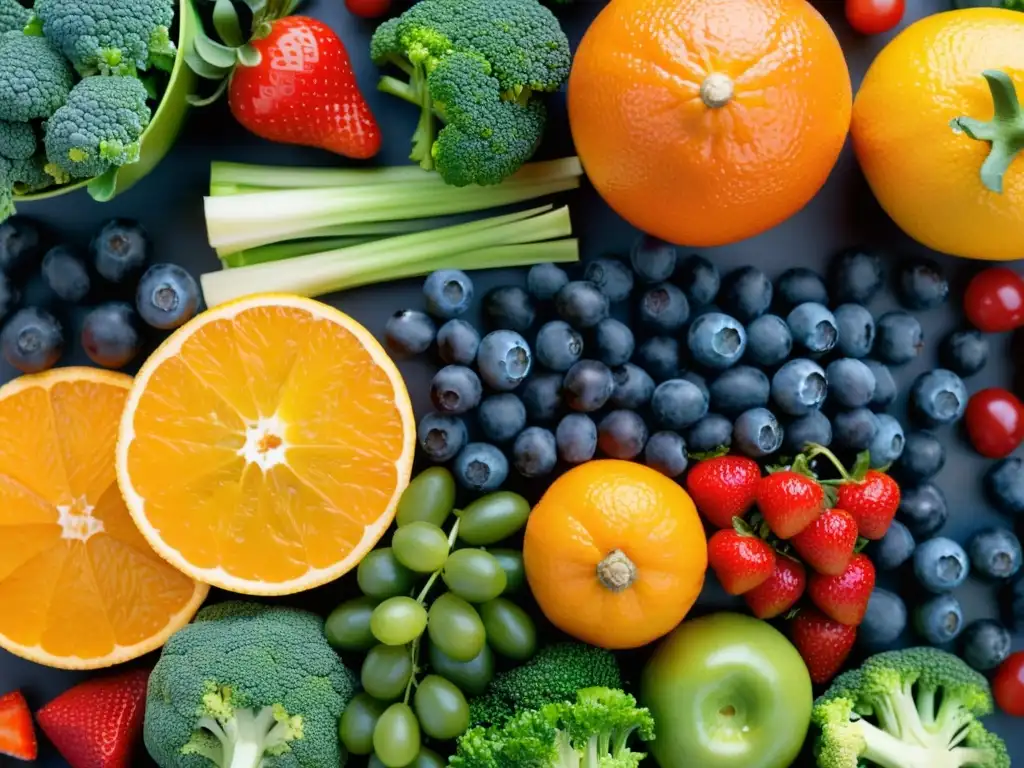 Una variedad de frutas y verduras coloridas y frescas, en una presentación apetitosa