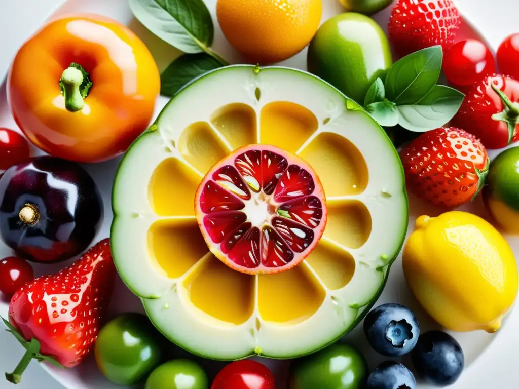 Una variedad de frutas y verduras coloridas y maduras dispuestas en un plato blanco