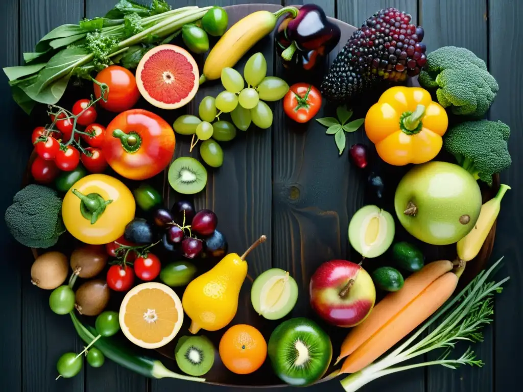 Una variedad de frutas y verduras frescas y coloridas dispuestas en círculo sobre una superficie de madera oscura