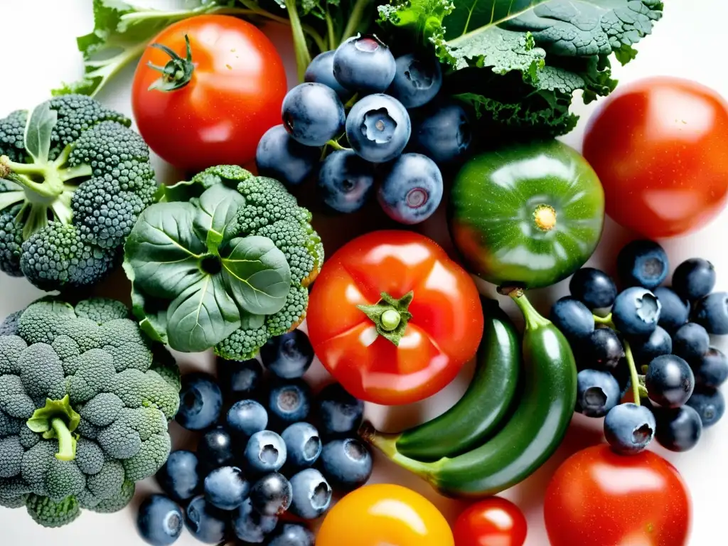 Una variedad de frutas y verduras frescas, goteando agua, en un arreglo visualmente atractivo