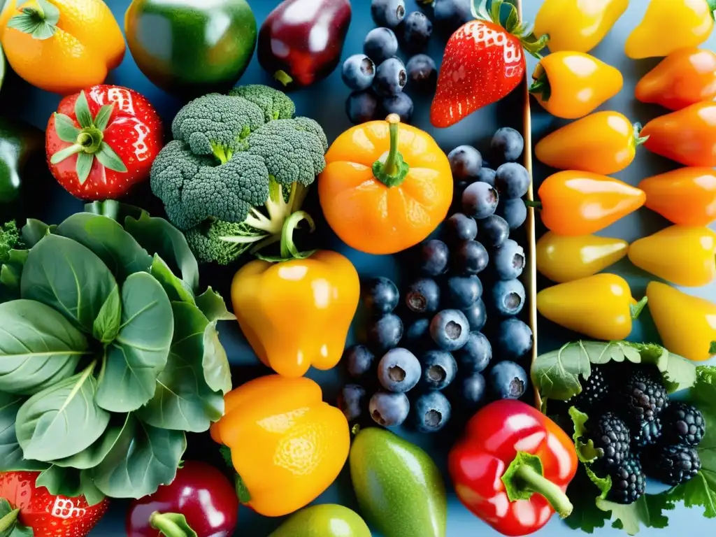 Una variedad de frutas y verduras frescas, detalladas y coloridas, en una exhibición vibrante, glistening con frescura bajo la luz natural