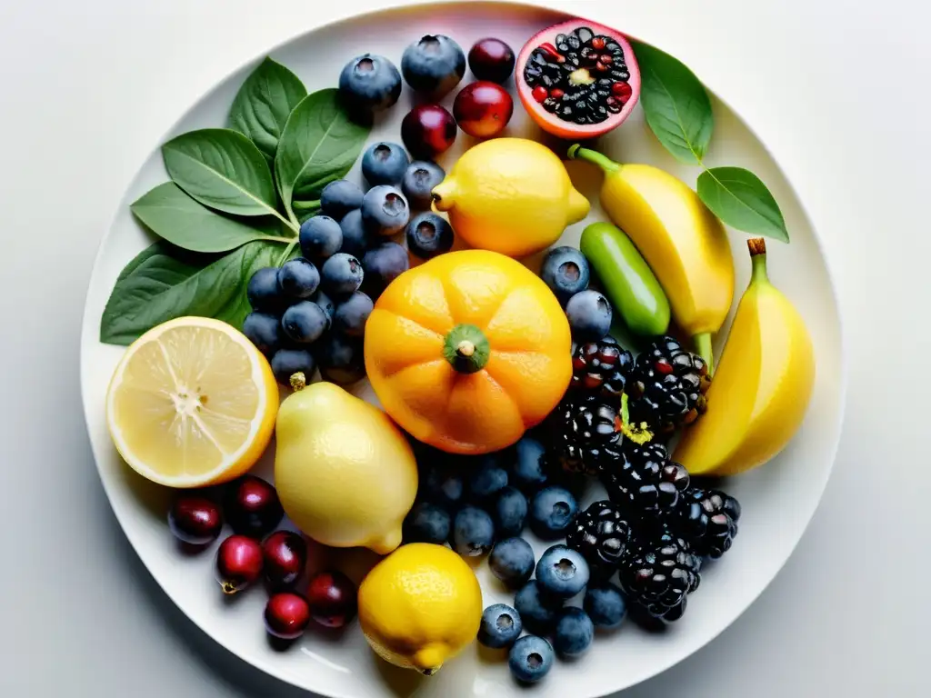 Una variedad de frutas y verduras frescas y vibrantes dispuestas en un patrón simétrico en una elegante bandeja blanca