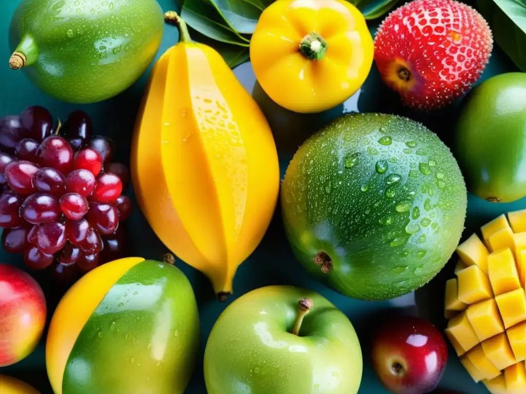 Una variedad de frutas y verduras frescas y coloridas, goteando agua, formando una composición vibrante y apetitosa