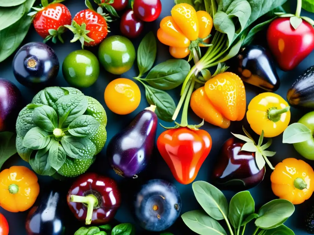 Variedad de frutas y verduras frescas, goteando agua, rodeadas de hojas verdes