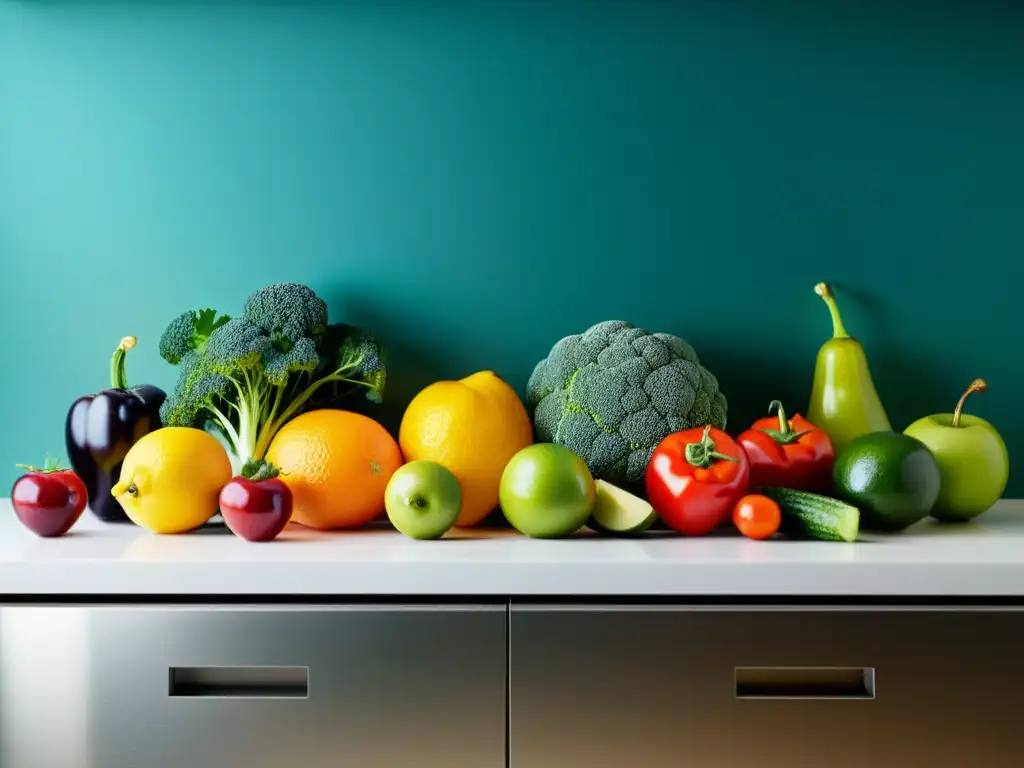 Una variedad de frutas y verduras frescas, dispuestas en una cocina moderna