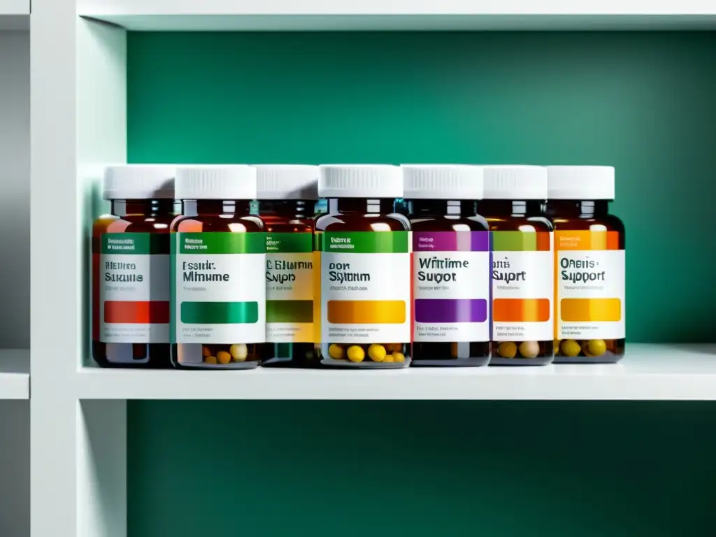 Una variedad de suplementos y vitaminas organizados en una mesa blanca, con etiquetas claras y colores vibrantes, ofreciendo estrategias para una inmunidad máxima