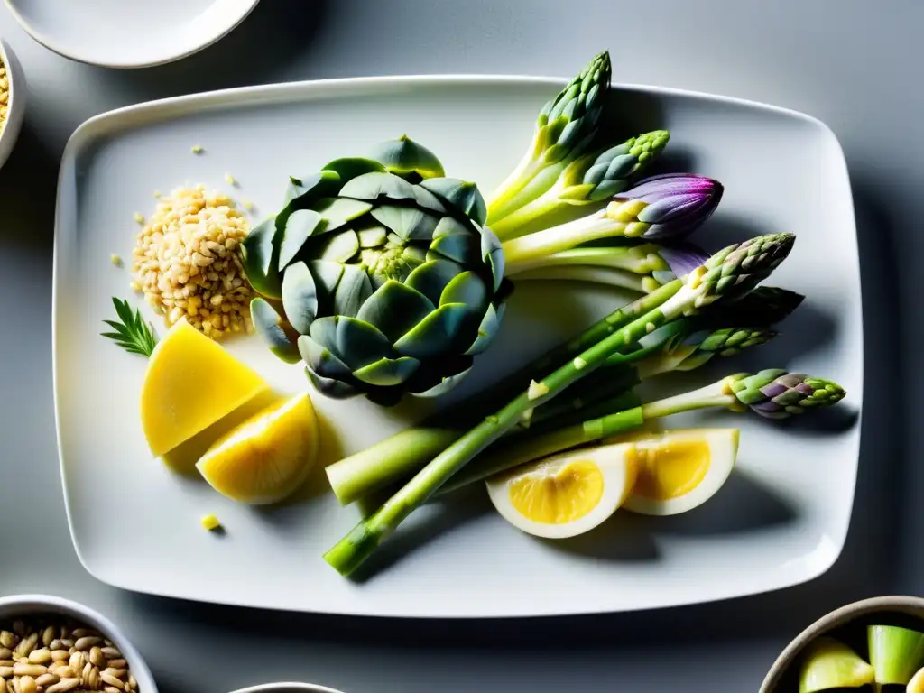 Una variedad vibrante de alimentos prebióticos para fortalecer el sistema inmunológico, dispuestos con elegancia en un plato blanco moderno