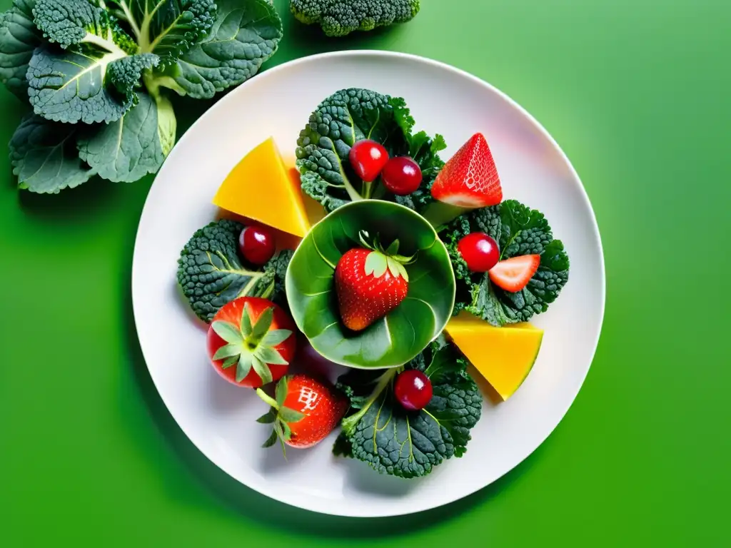 Una variedad vibrante y fresca de frutas y verduras en un plato blanco moderno