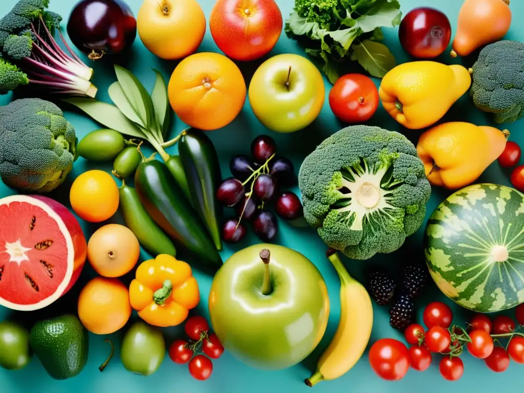 Una variedad vibrante de frutas y verduras frescas, destacando colores y texturas