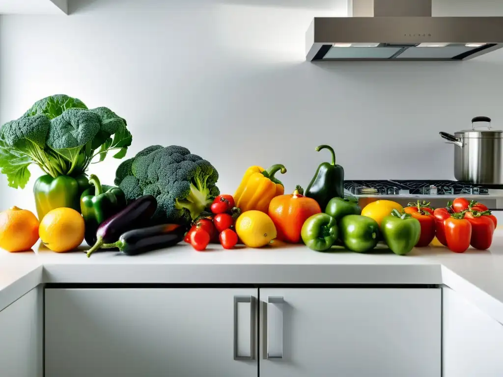 Una variedad vibrante de frutas y verduras frescas en una moderna encimera de cocina, resaltando su belleza natural