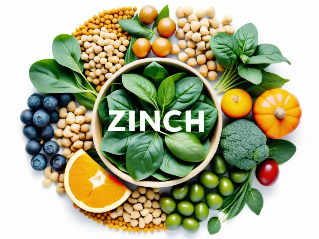 Variedad vibrante de frutas y verduras ricas en zinc, destacando la importancia del zinc en inmunidad