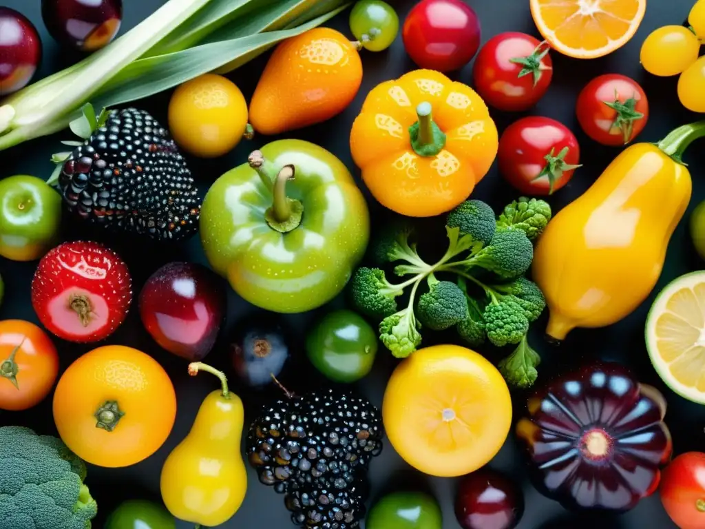 Una variedad vibrante de frutas y verduras frescas con agua brillante, en un patrón simétrico sobre fondo oscuro