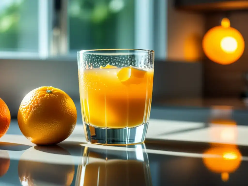 Un vaso de jugo de naranja recién exprimido en una cocina luminosa