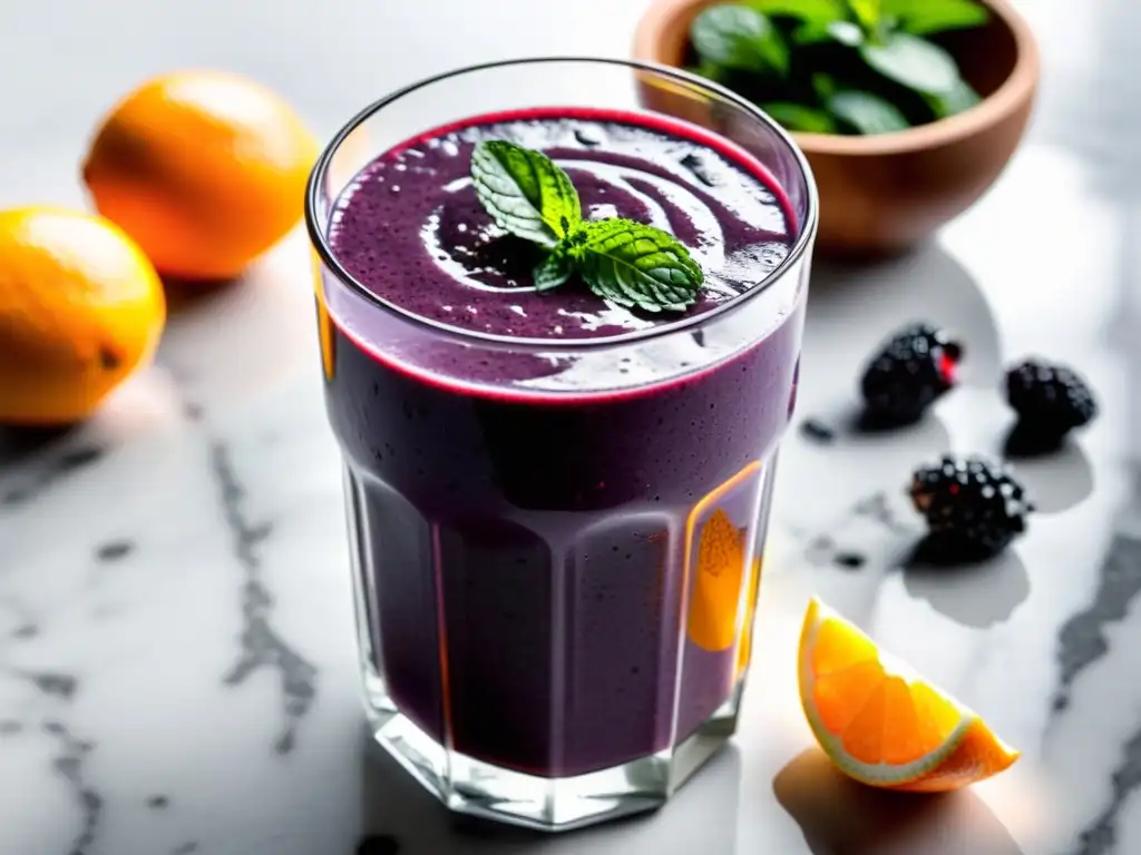 Vaso de smoothie morado con frutas y semillas, en cocina minimalista