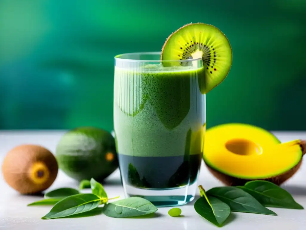 Un vaso de smoothie verde fresco y vibrante con capas de kiwi, espinacas, aguacate y espirulina