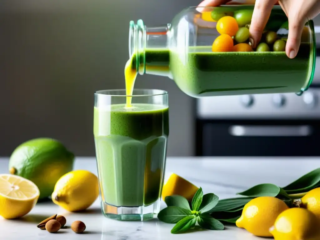 Un vaso de smoothie verde con jengibre, frutas y especias en una cocina moderna