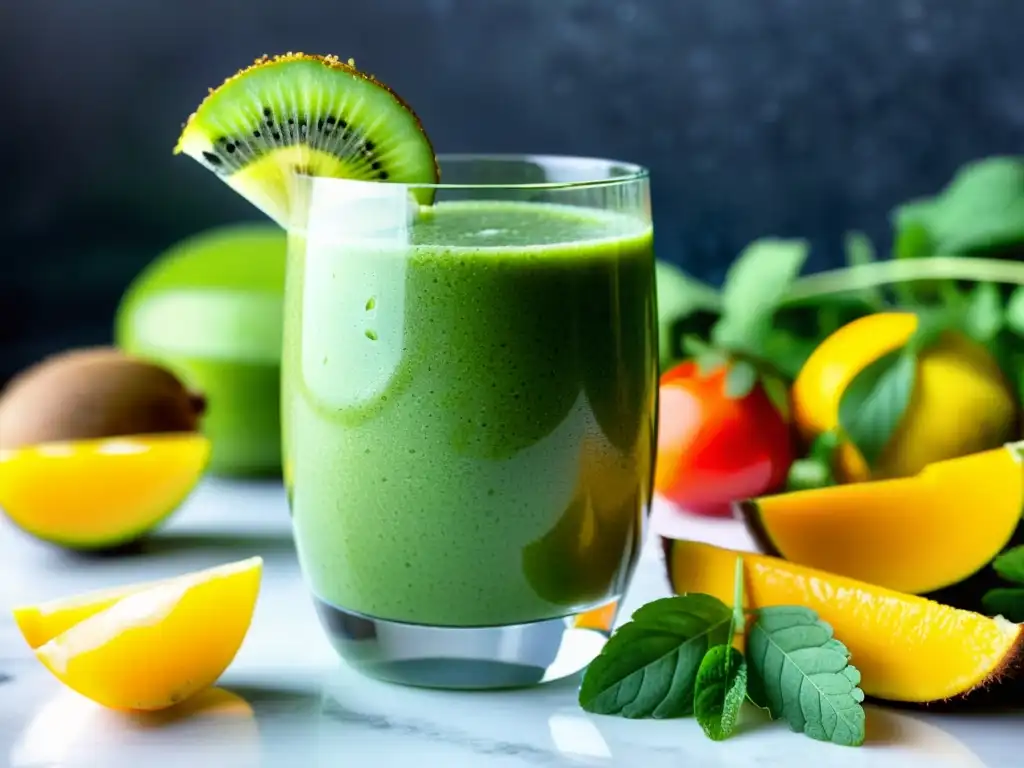 Vaso de smoothie verde vibrante con kiwi y menta, rodeado de frutas y verduras frescas