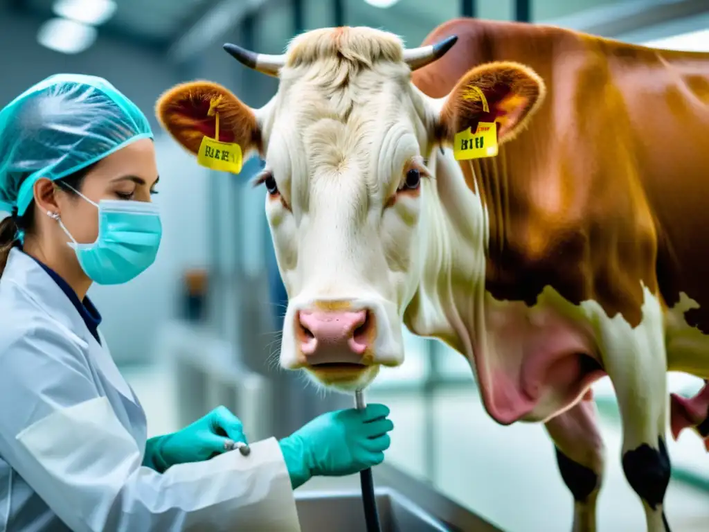 Veterinario aplicando vacuna a vaca en moderna instalación, reflejando avance inmunología veterinaria impacto salud