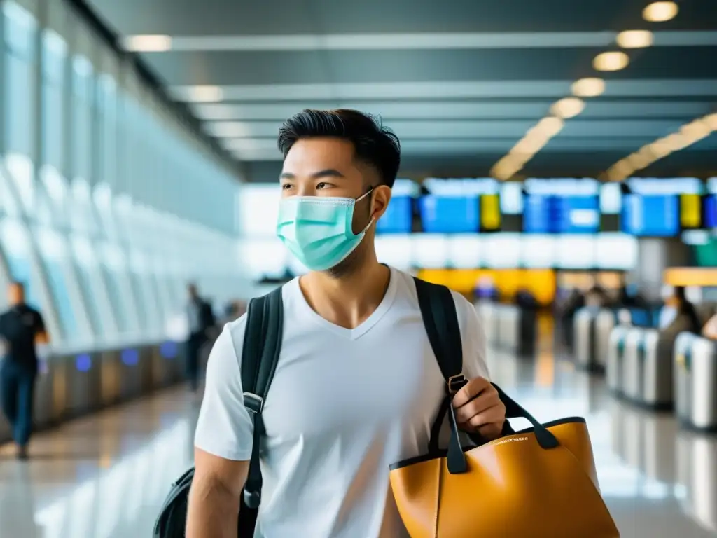 Un viajero en el aeropuerto con suplementos inmunitarios para viajeros, listo para su viaje con determinación y confianza